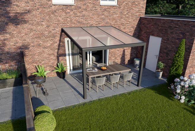 Greenline veranda 201x355 cm - antraciet structuur - 2 staanders - heldere beplating - incl. 3-delig antraciet glasschuifsysteem 180x220 cm - SALE02044