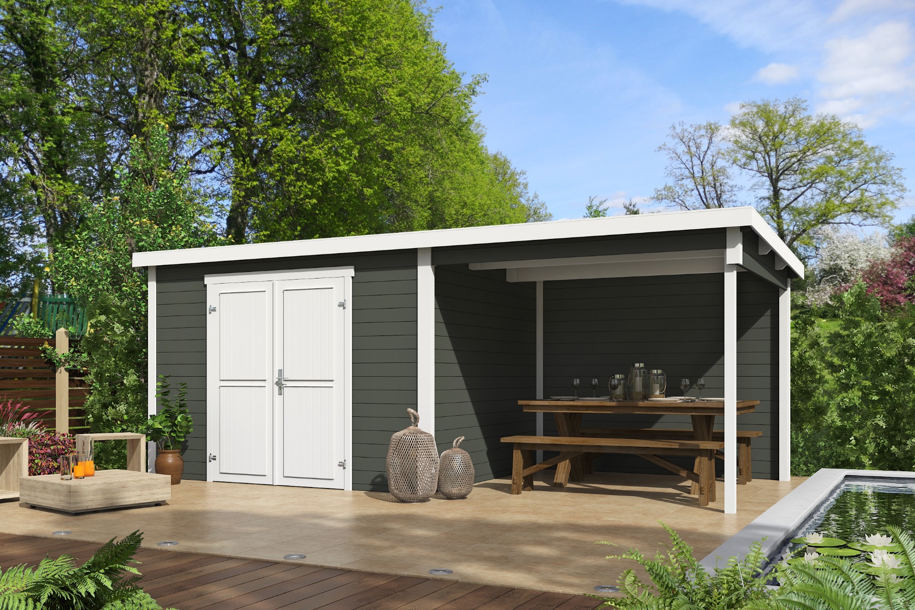 Tuinhuis Kjeld 550x250 cm - Green Grey-wit gecoat