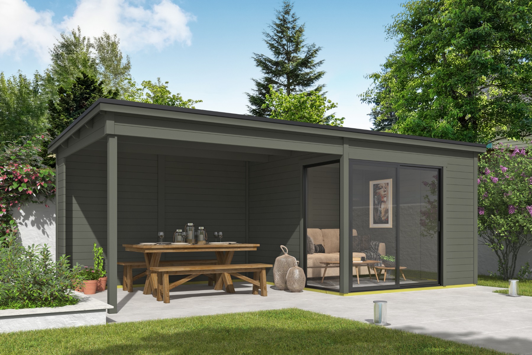 Tuinhuis Julia 295x295 cm + 350 cm aanbouw - Green Grey gecoat