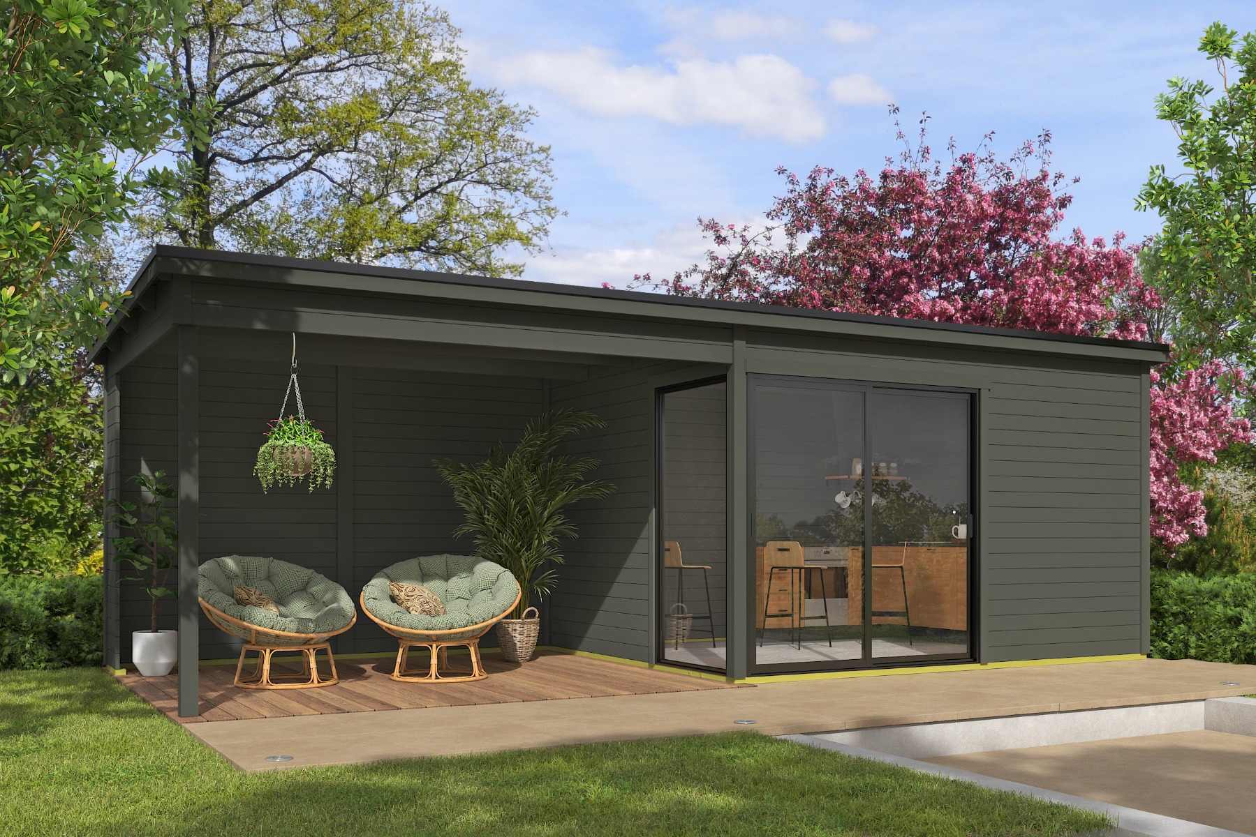 Tuinhuis Olivia 385x295 cm + 350 cm aanbouw - Green Grey gecoat