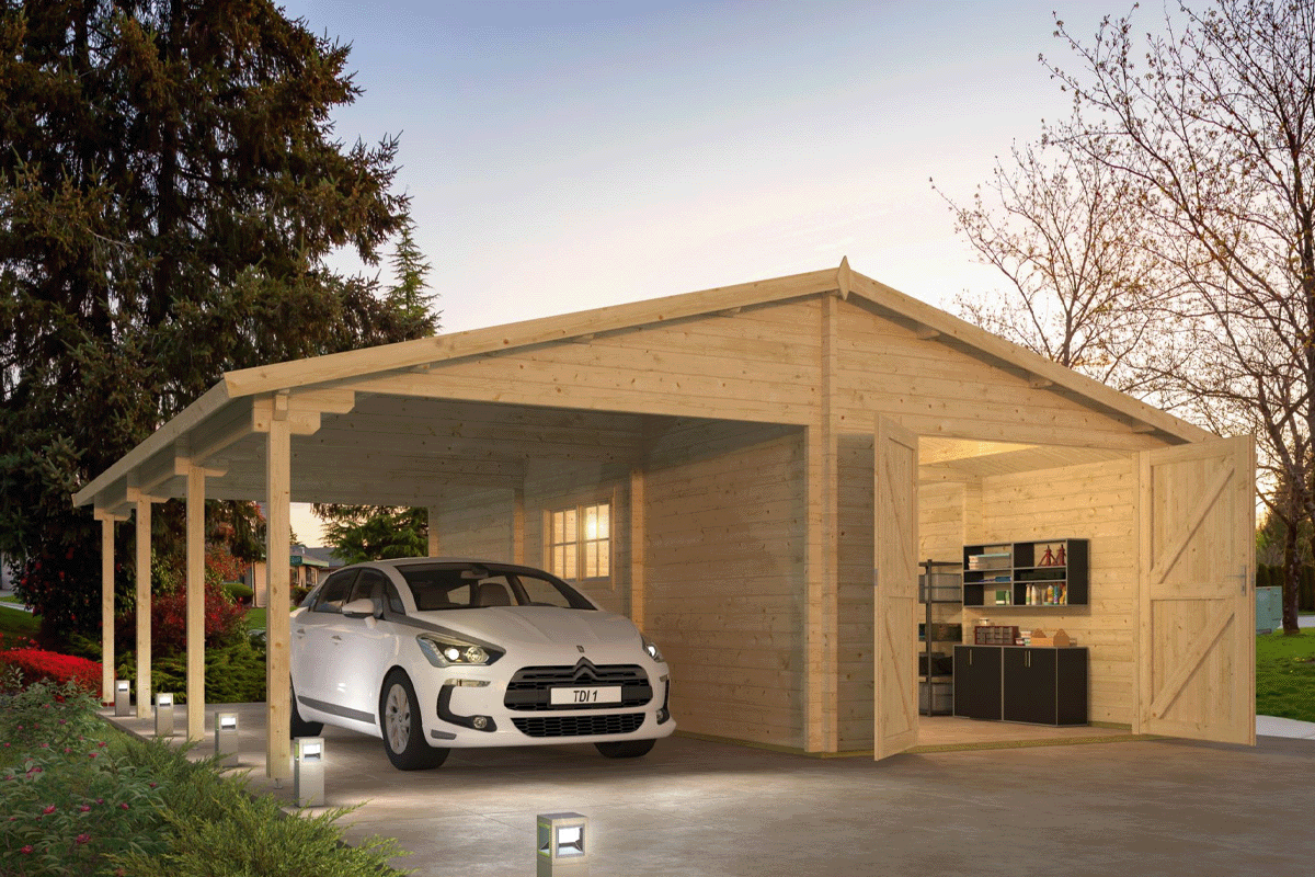 Garage/Carport Berggren 396+369x830 cm - Groen geïmpregneerd