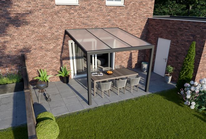 Greenline veranda 201x355 cm - antraciet structuur - 2 staanders - heldere beplating - incl. 3-delig antraciet glasschuifsysteem 180x220 cm - SALE02044