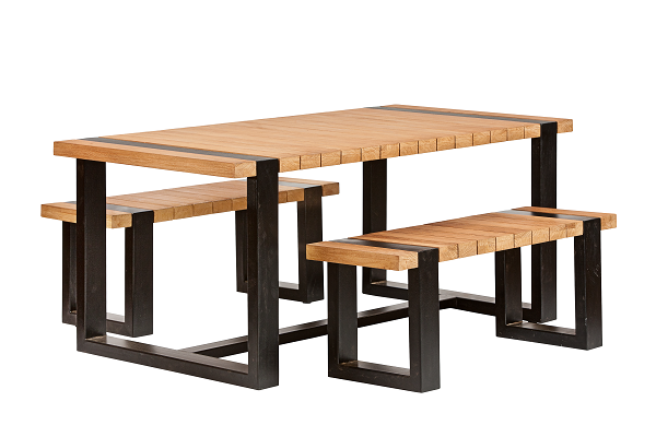 Tuinset Wellington Teak met zwart staal | tafel + 2 banken