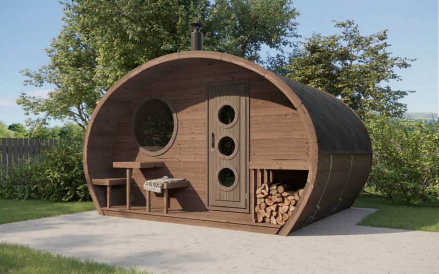 Barrelsauna Oval 300 - 410x243 cm - incl. dakshingles en vloer