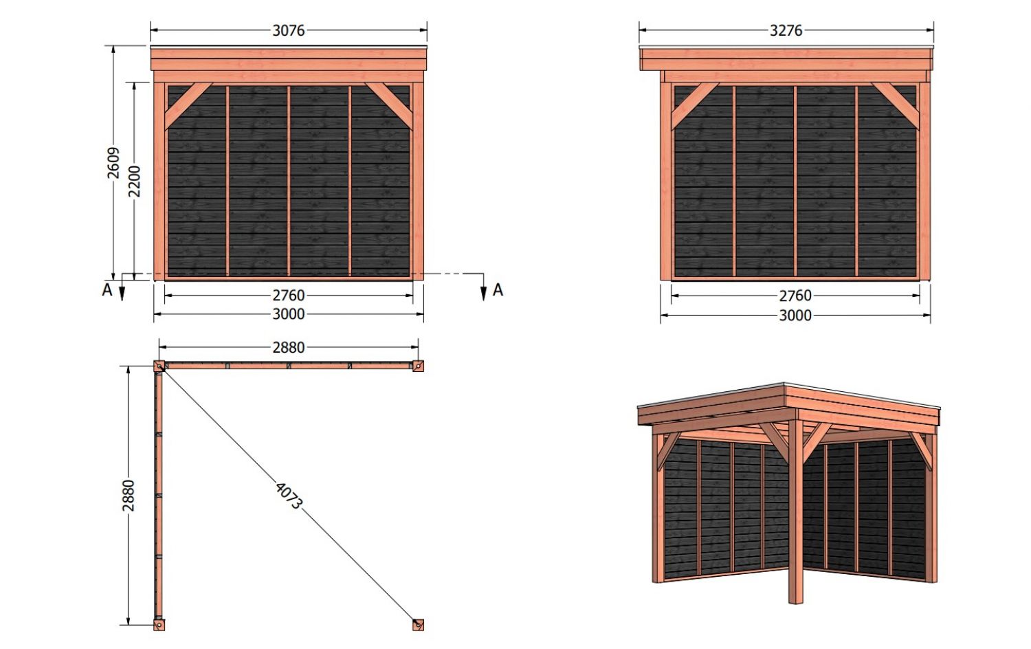 Overkapping Traditioneel douglas 310x330x260 cm met vuren zwart geïmpregneerde wanden