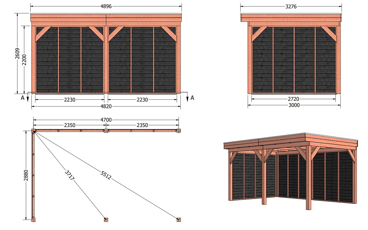 Overkapping Traditioneel douglas 490x330x260 cm met vuren zwart geïmpregneerde wanden