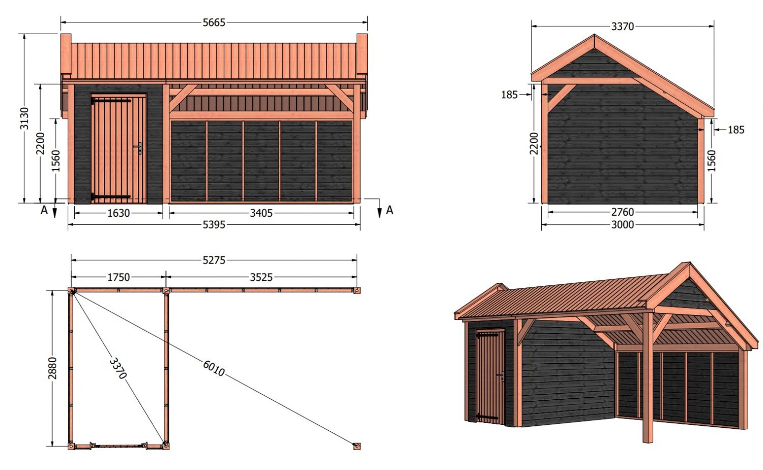 Kapschuur Traditioneel douglas 570x340x300 cm met vuren zwart geïmpregneerde wanden