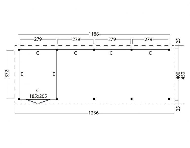 Overkapping plat dak Red Class Wood Odense type 10 XXL 1236x450 cm - zwarte wanden