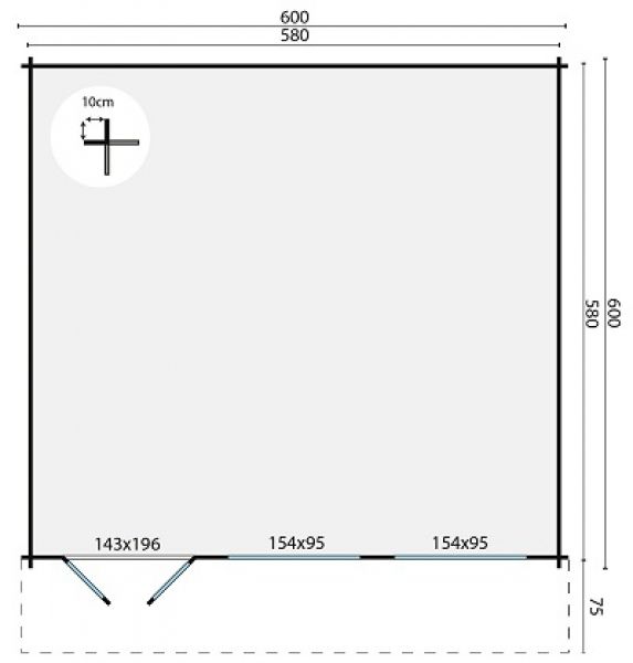 Plattegrond blokhut Henk 600x600 cm