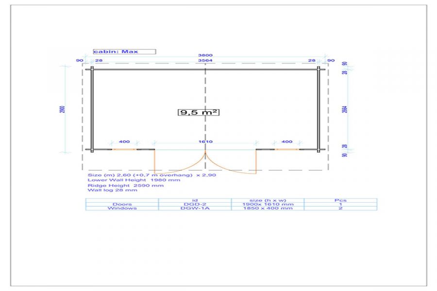 Blokhut Max 380x290 cm + luifel 70 cm