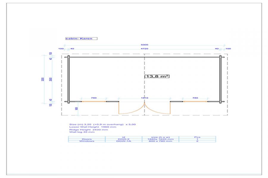 Blokhut Karen 500x320 cm + 90 cm oversteek