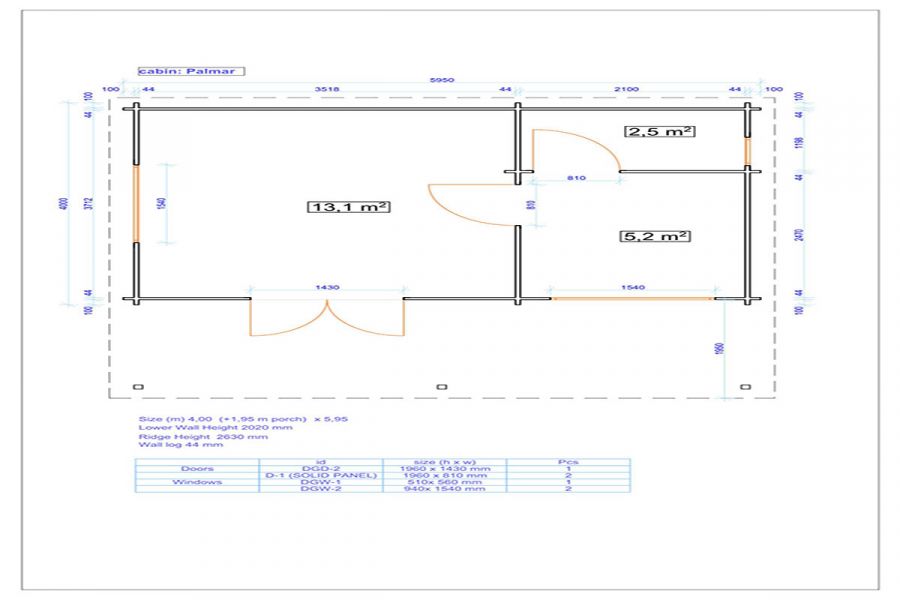 Blokhut Palmar 595x400 cm + 195 cm luifel