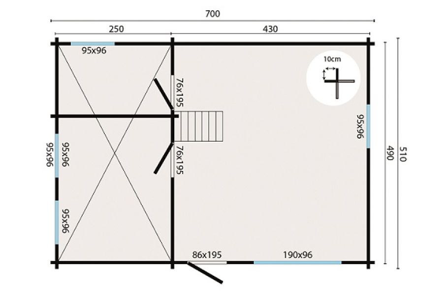 Blokhut Mallorca 700x510 cm Plattegrond