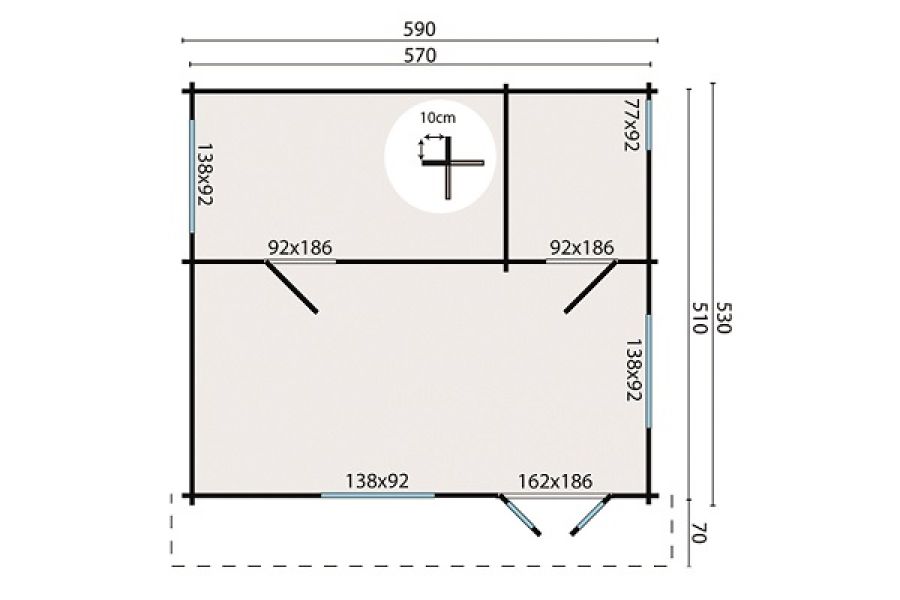 Blokhut Big Llanes 590x530 met luifel 70 cm plattegrond