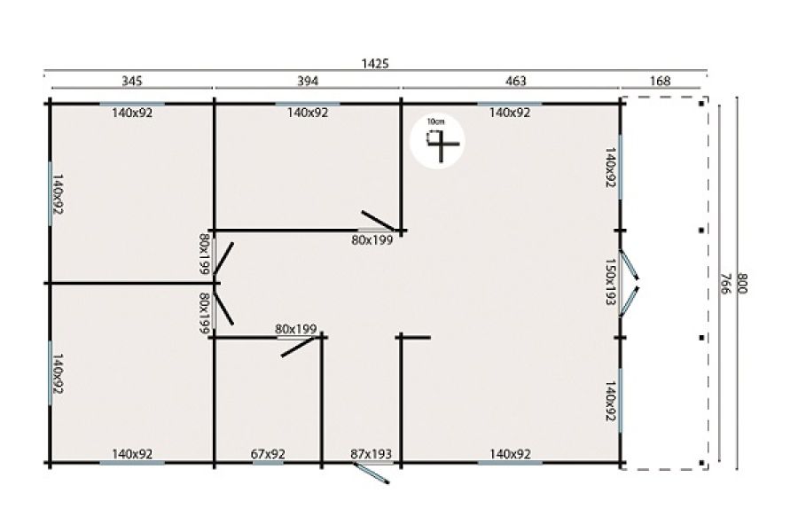 Blokhut Freshford 800x1250 cm + luifel 165 cm Plattegrond