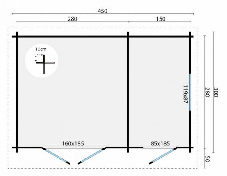 Plattegrond Blokhut Elizabeth 450x280 cm +50 cm