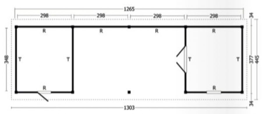 Lariks/Douglas Overkapping Hamar XL type 12 zwart 1303x445 cm plattegrond