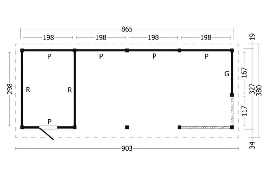 Overkapping Oslo L type 10 zwart 903x380 cm plattegrond