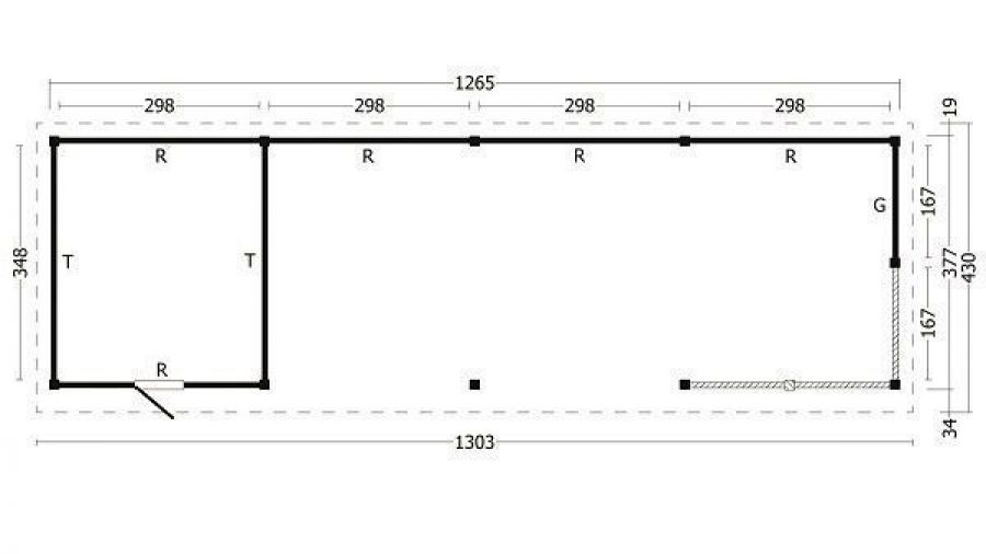 Lariks/Douglas Overkapping Oslo XL type 10 zwart 1303x430 cm plattegrond