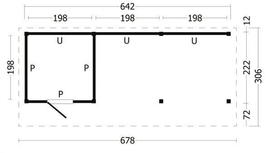 Lariks/Douglas Kapschuur Bergen L type 7 zwart 678x306 cm plattegrond