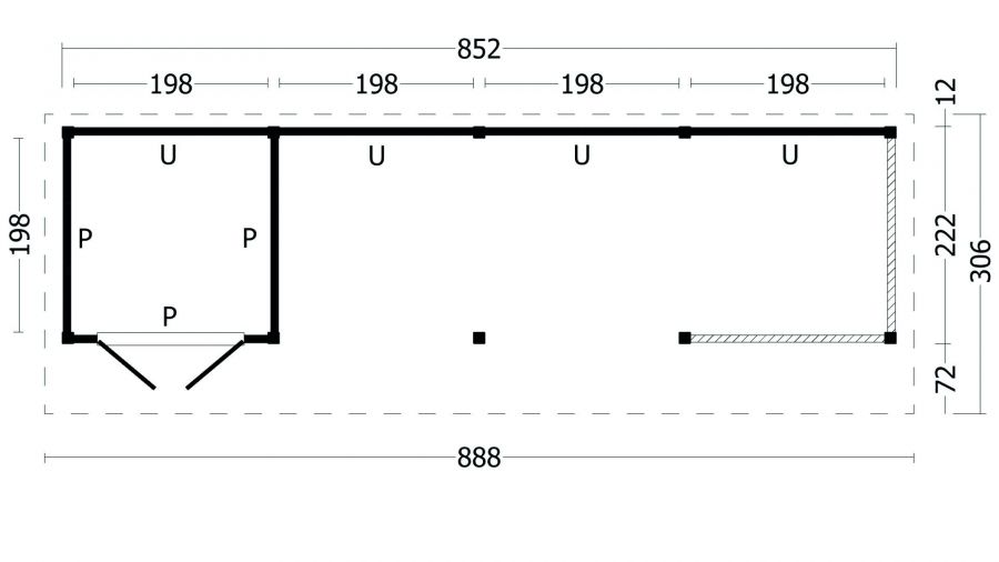 Lariks/Douglas Kapschuur Bergen L type 11 888x306 cm plattegrond