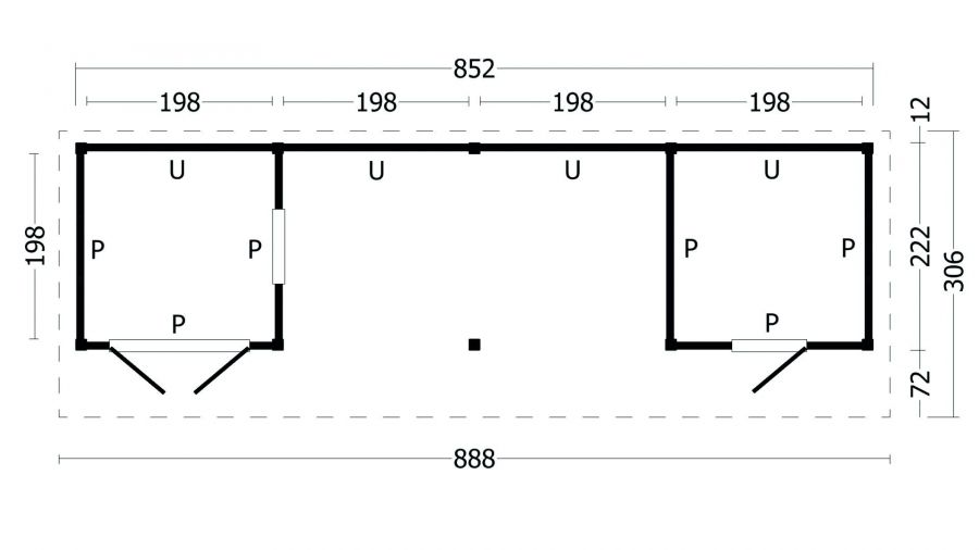 Lariks/Douglas Kapschuur Bergen L type 12 888x306 cm plattegrond