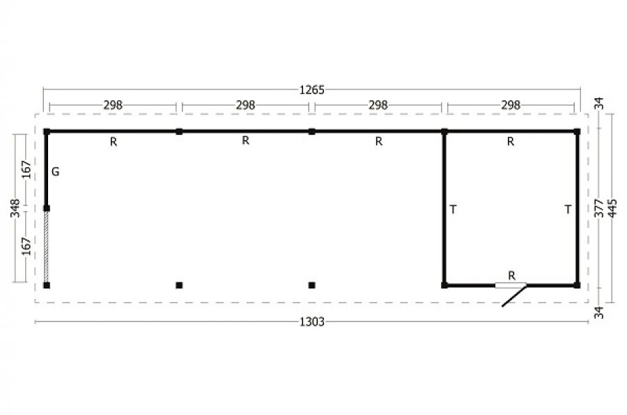 Overkapping Hamar XL type 10 zwart 1303x445 cm plattegrond