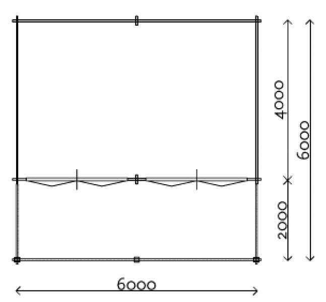 Lugarde Blokhut B44 600x400 cm + luifel 200 cm - 44 mm - plattegrond