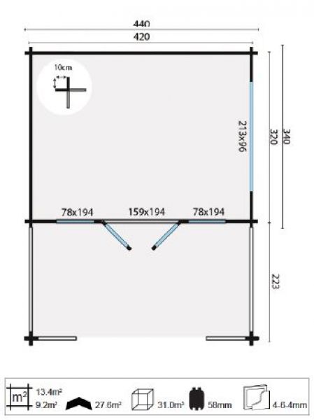 Blokhut Bolton 440x340 cm + luifel 200 cm - geïmpregneerd