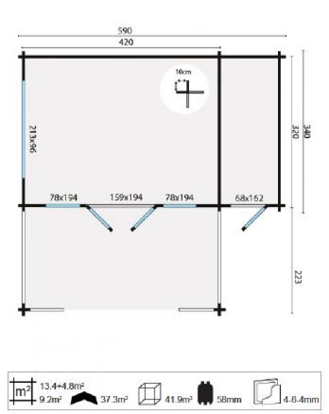 Blokhut Coventry 440x340 cm + luifel 223 cm + zijaanbouw