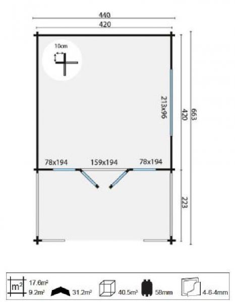 Blokhut Ipswich 440x440 cm + luifel 223 cm - Groen geïmpregneerd