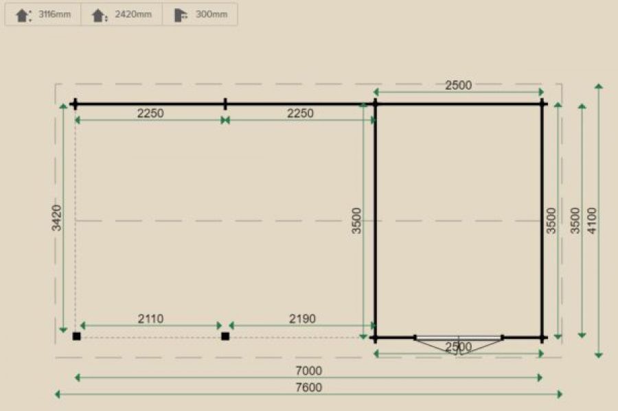 Lugarde Blokhut B59 700x350 cm - 44 mm - plattegrond