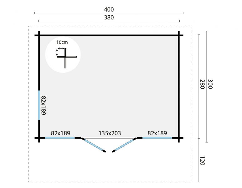 Blokhut James 400x280 cm + 120 cm luifel