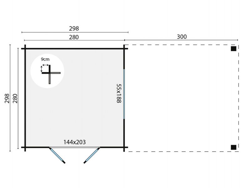 Blokhut Dellinger 300x300 cm + zijluifel 300 cm - Honing geïmpregneerd