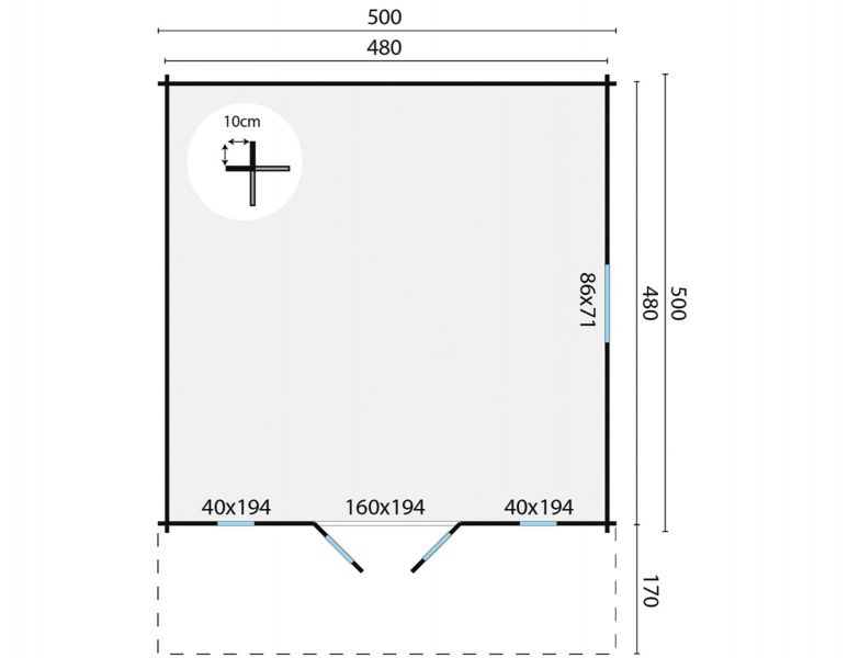 Blokhut Emiel 500x500 cm + luifel 170 cm