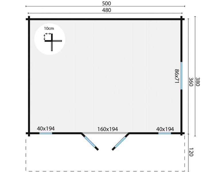 Blokhut Gustav 500x380 cm + luifel 120 cm