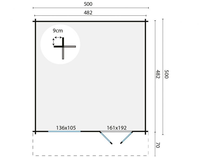 Blokhut Hendrick 500x500 + luifel 70 cm - Red class wood geïmpregneerd