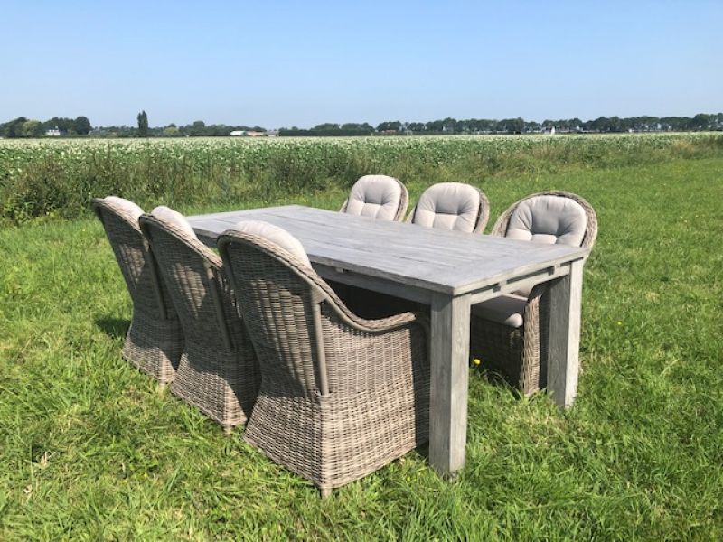 SenS-Line Parma teakset grijs - Grijze Teaktafel + 6 wicker stoelen - Showmodel Woerden