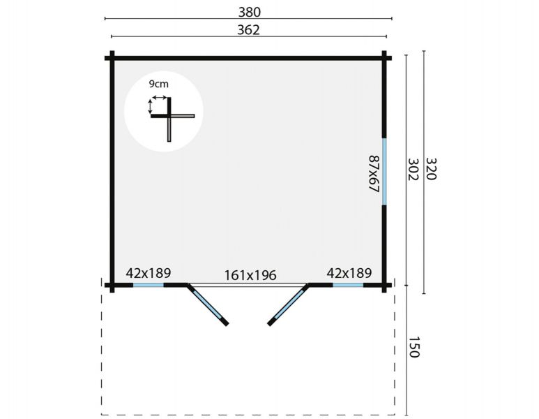 Blokhut Inglund 380x320 cm + luifel 150 cm - Bruin geïmpregneerd