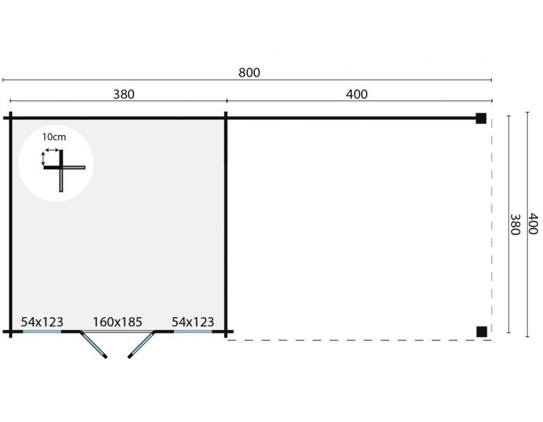 Blokhut Kwaspa 400x400 cm + luifel 400 cm - Grijs geïmpregneerd