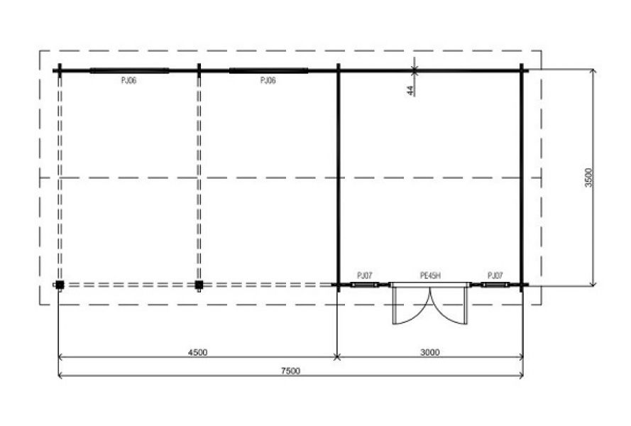 Lugarde Blokhut B38 750x350 cm - 44 mm - plattegrond