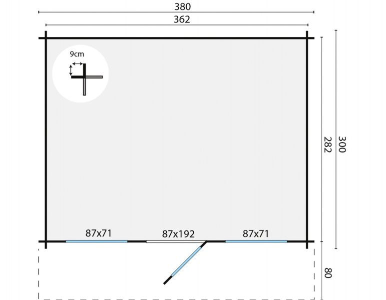 Blokhut Mika 380x300 cm + luifel 80 cm