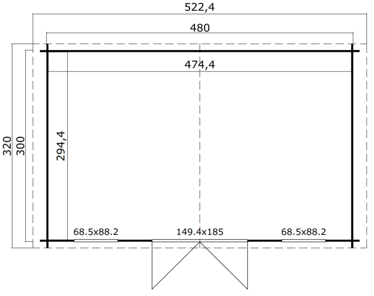 Blokhut Udo 480x300 cm - Platinum Grey-Wit gecoat plattegrond