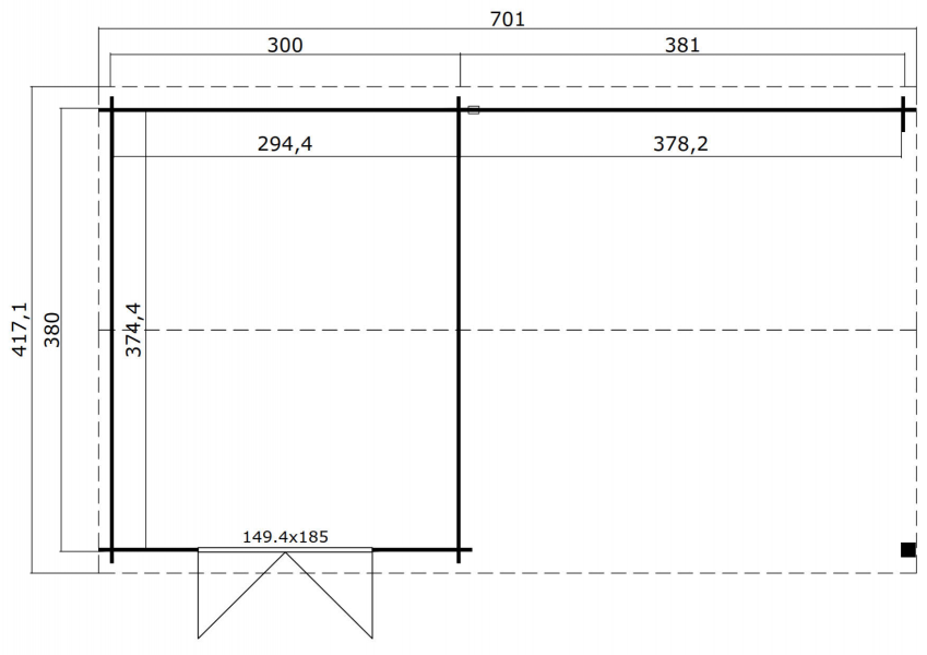 Blokhut Octavio 681x380 cm - Carbon Grey-Wit gecoat plattegrond