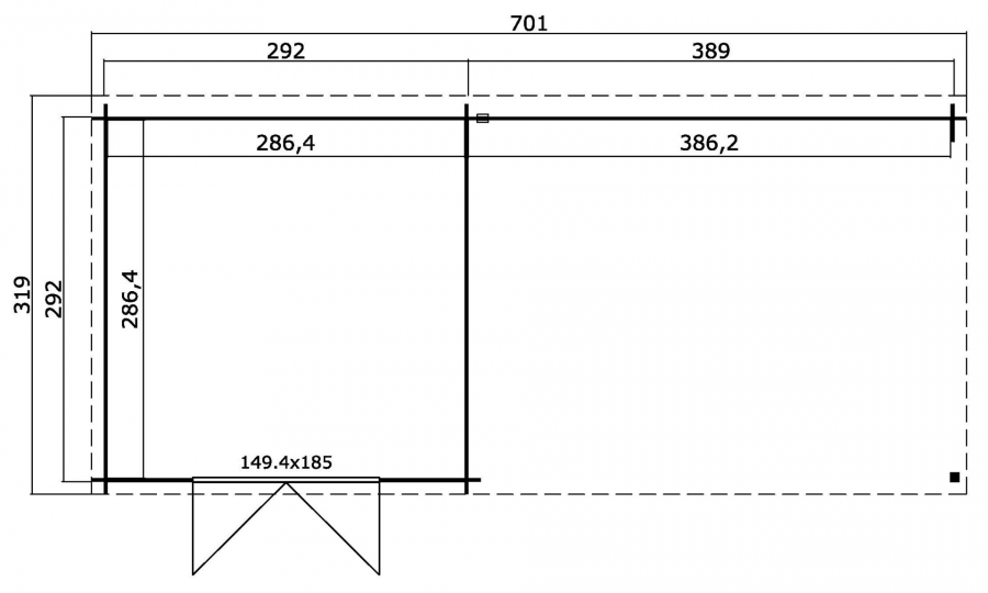 Blokhut St. Louis 681x292 cm - Carbon Grey-Wit gecoat plattegrond