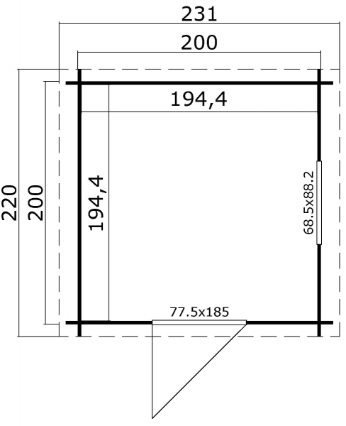 Blokhut Wels 200x200 cm - Platinum Grey-Wit gecoat plattegrond