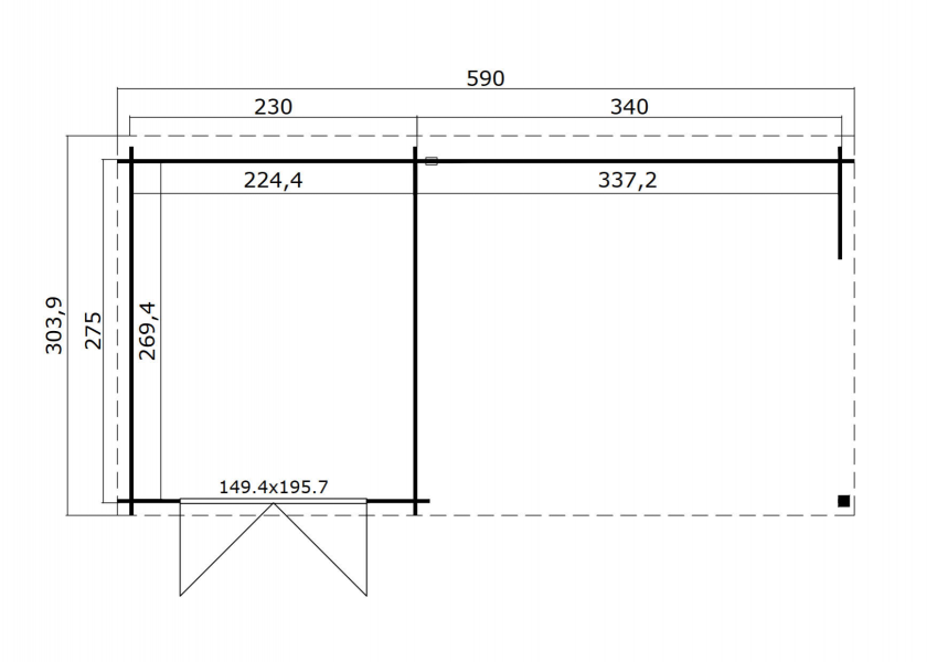 Blokhut Sunniva 570x275 cm - Carbon Grey-Wit gecoat plattegrond