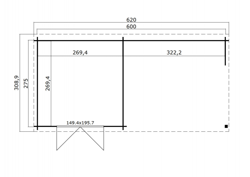 Blokhut Manuel 600x275 cm - Carbon Grey-Wit gecoat plattegrond