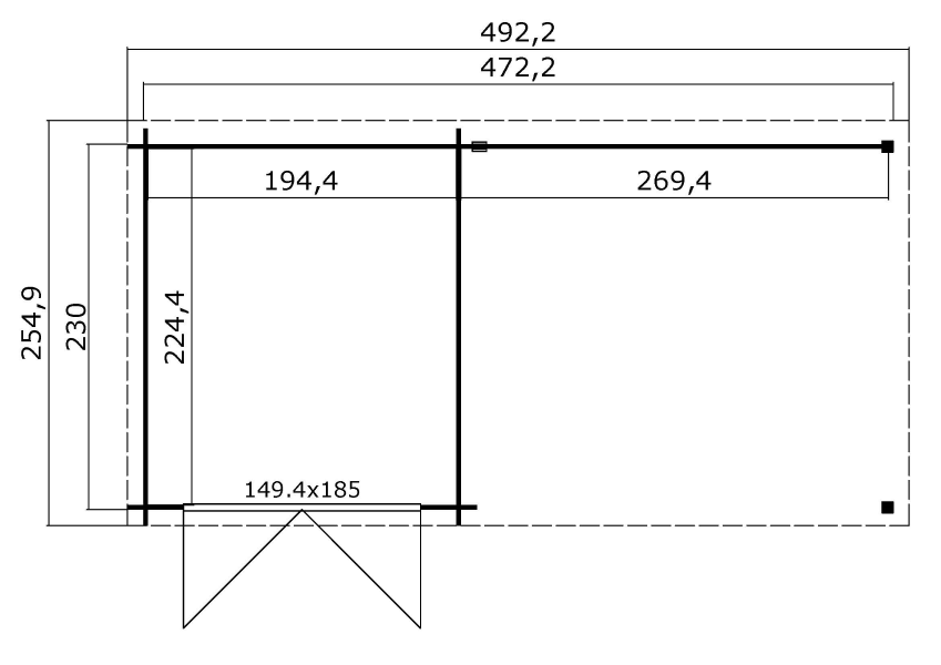 Blokhut Helena 472x230 cm - Carbon Grey-Wit gecoat plattegrond