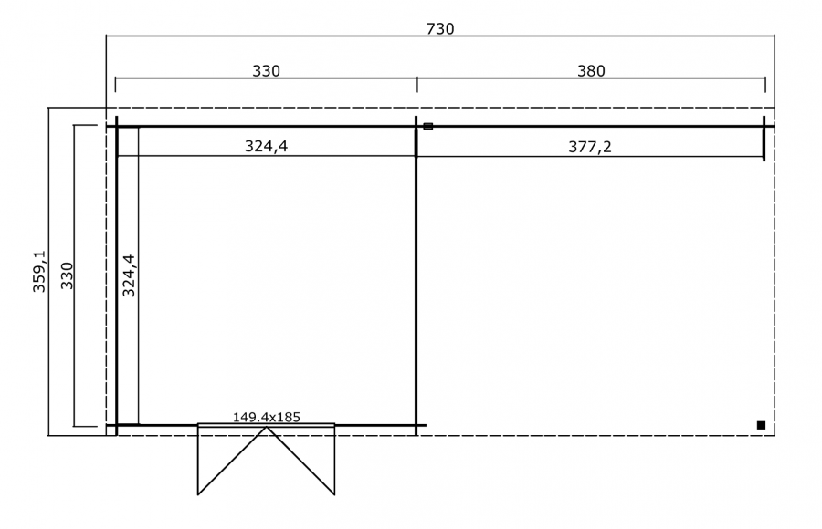 Blokhut Olenka 710x330 cm plattegrond